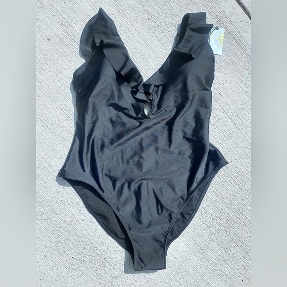 Black Ruffled One-Piece Swimsuit NWT - Picture 3 of 7